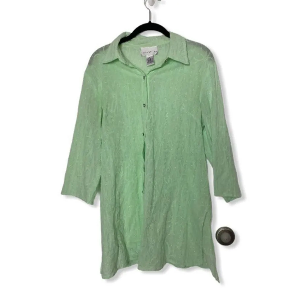 Susan Graver M Mint Green Long Button Down Shirt Tunic Top Shimmer Tie Back - Image 2