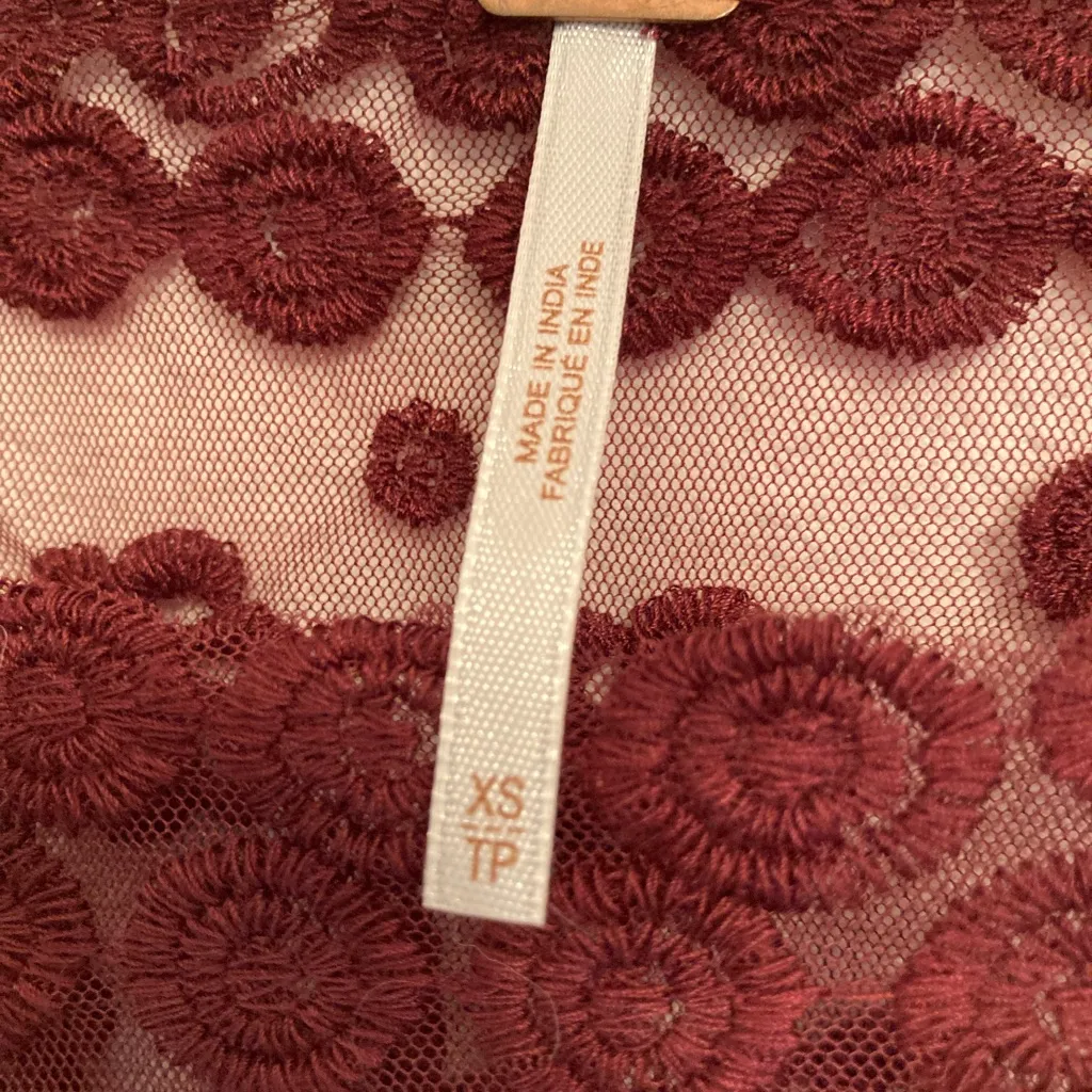 Free People Burgundy Sheer Lace Tunic Mini Dress XS Boho Boxy Fit - Image 4