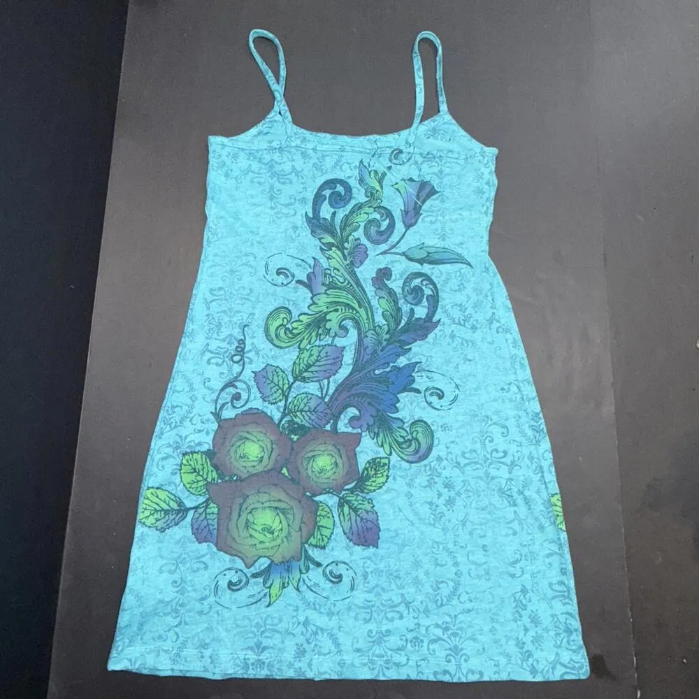 Belle du Jour Tank Floral Blue Paisley Babydoll Spaghetti Strap Y2K Mini Dress S - Image 2