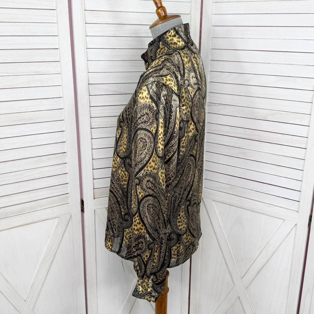 Vintage 80s Tess Paisley Leopard Print Satin Mock Neck Blouse Black Tan Size 8 - Image 2