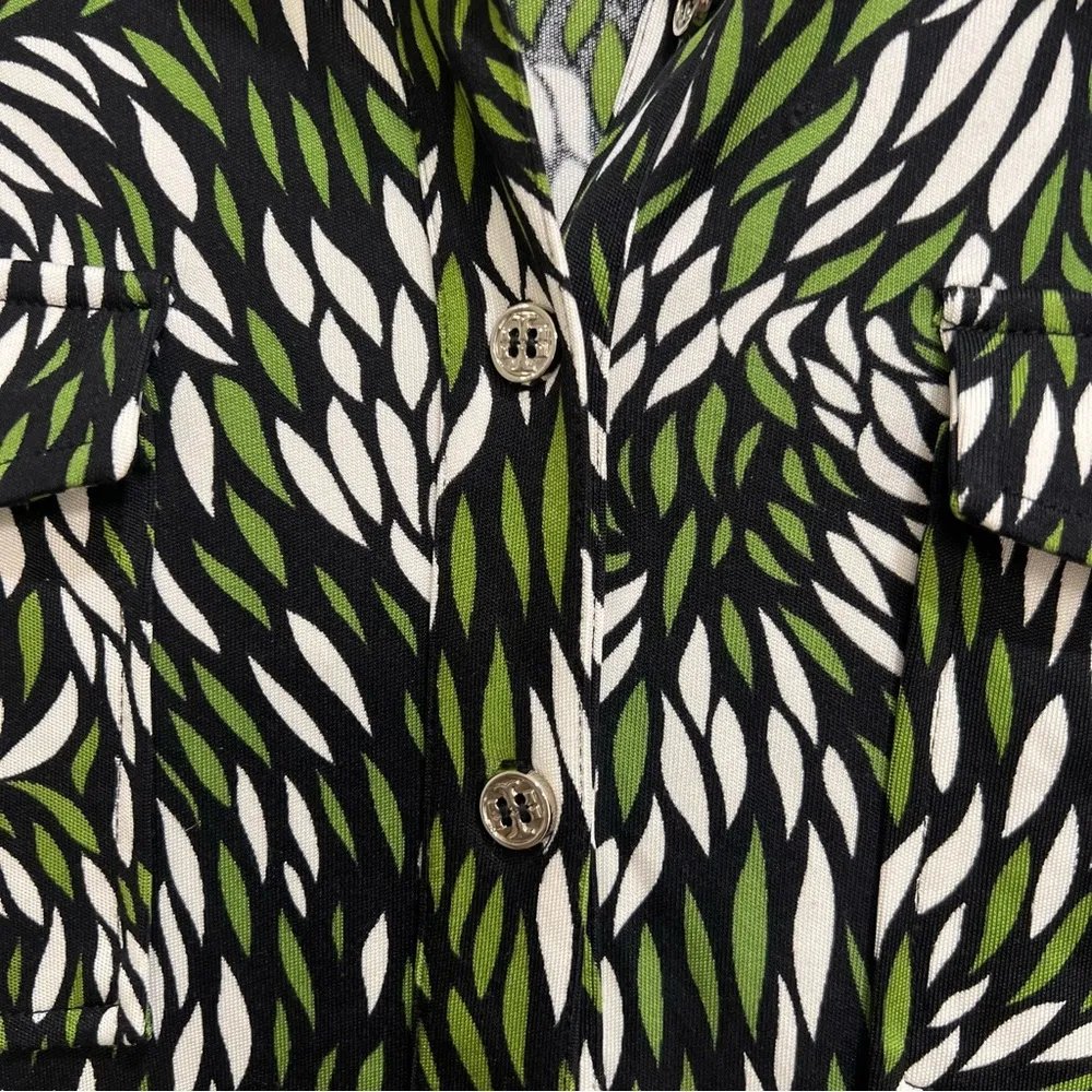 Tory Burch Green Black White Silk Long Sleeve Button Down Blouse - Image 3