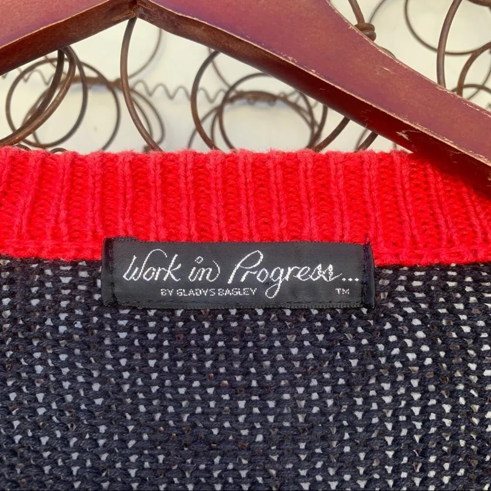 Vintage knit ugly Christmas cardigan sweater sampler applique bell present tree Red Size L - Image 4