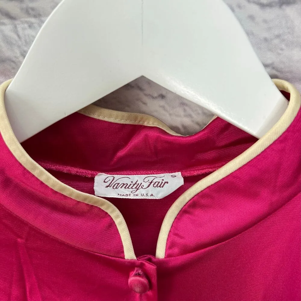 Vintage Vanity Fair Button Robe Fushia Pink Piping Size S Short Sleeve Shiny - Image 3