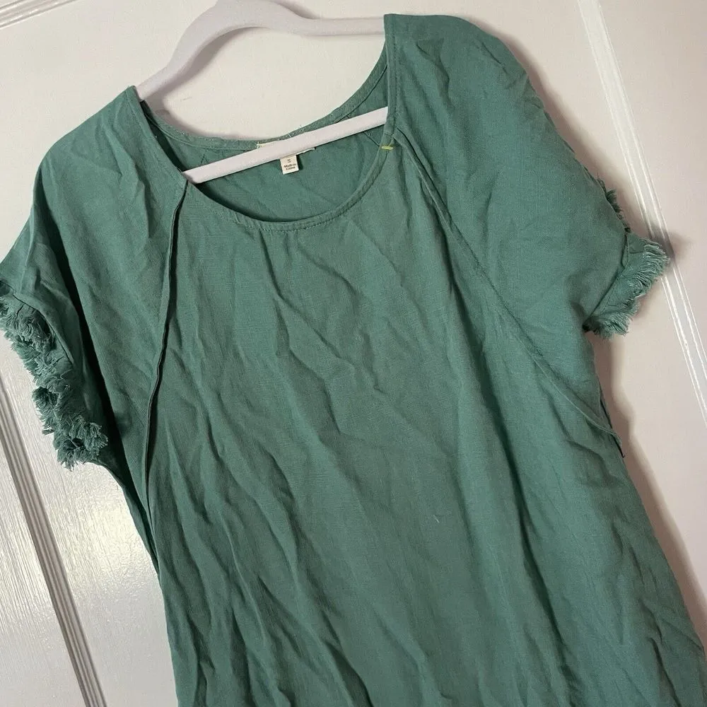 Umgee‎ Long Green Linen Blend Shortsleeved Dress Small S Round Neck Modest - Image 2