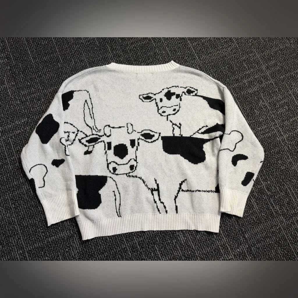 Women Cow Print Knitted Sweater SHEIN Loose Weave Top Size Medium - Image 6
