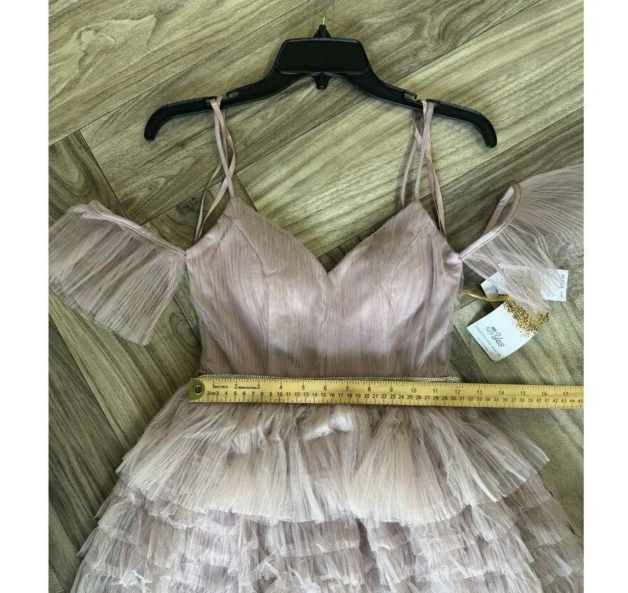 Say Yes to the Prom Juniors' Pleated Mesh Tiered Gown Dress Size 1 French Mauve - Image 5