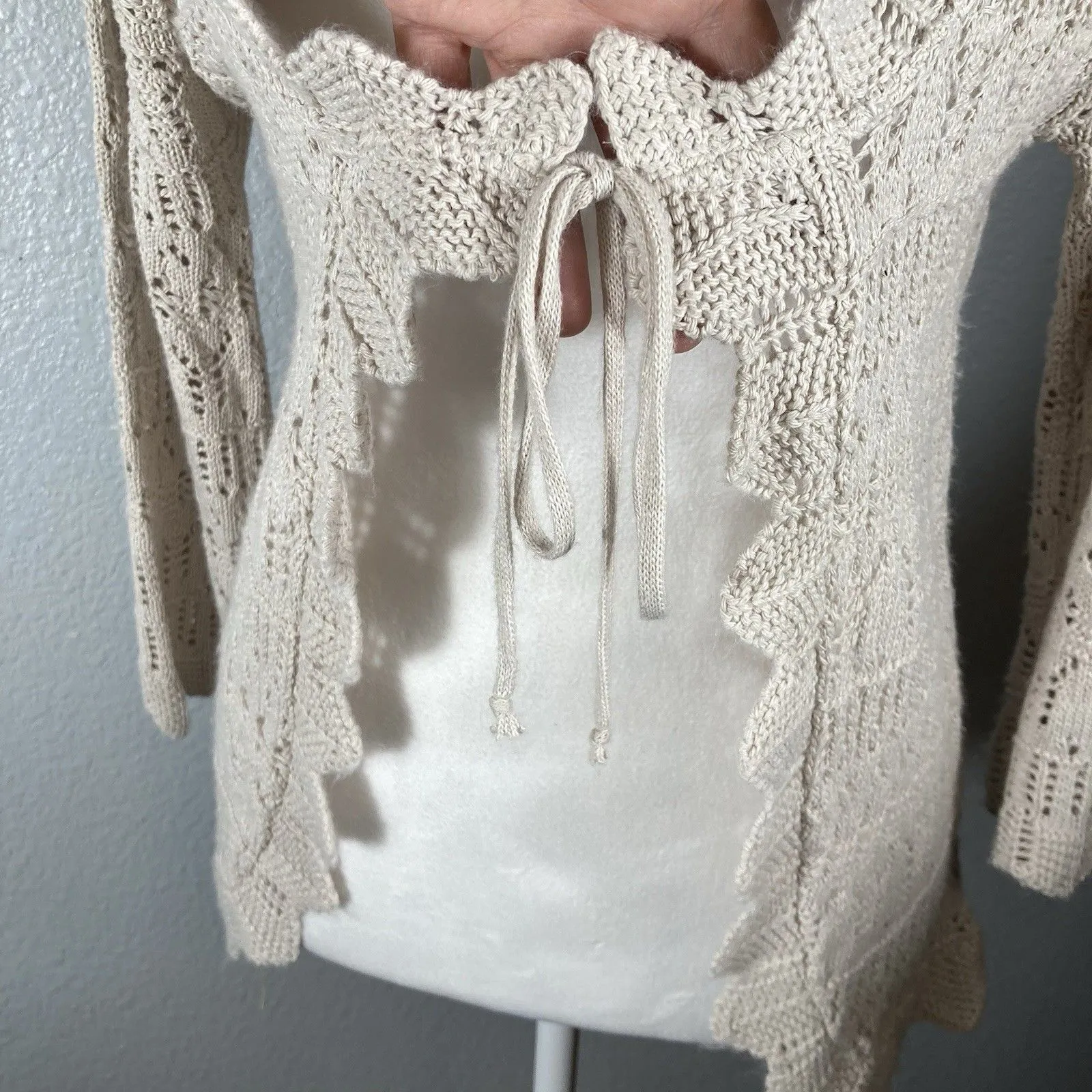 Crochet Cardigan S Cream Ivory Tie Front Coastal Beach Boho Cottage Y2K Vintage - Image 7