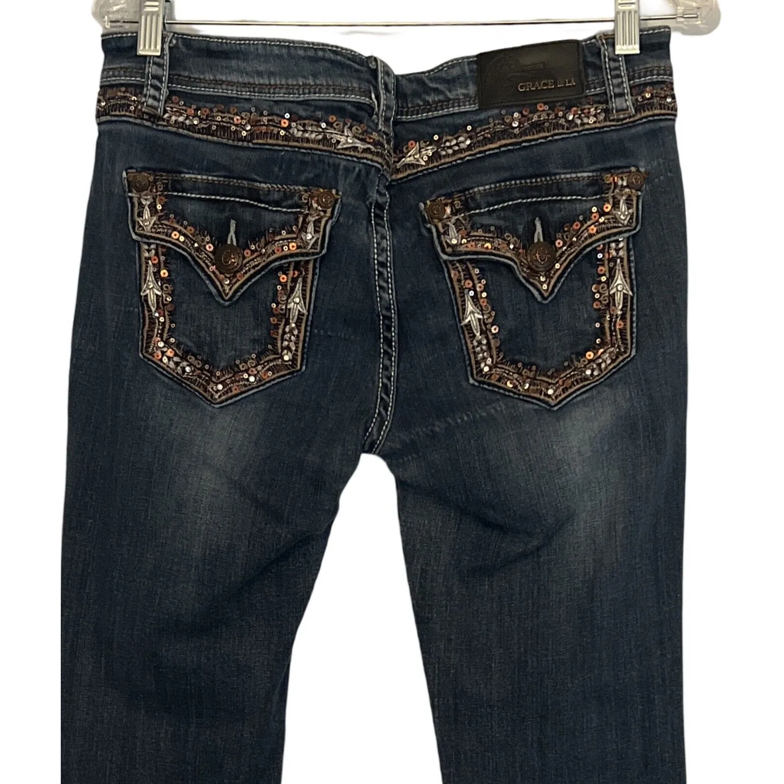 GRACE IN LA Womens Jeans Size 30" Blue Bootcut Sequin Embroider Mid Rise Dark - Image 6