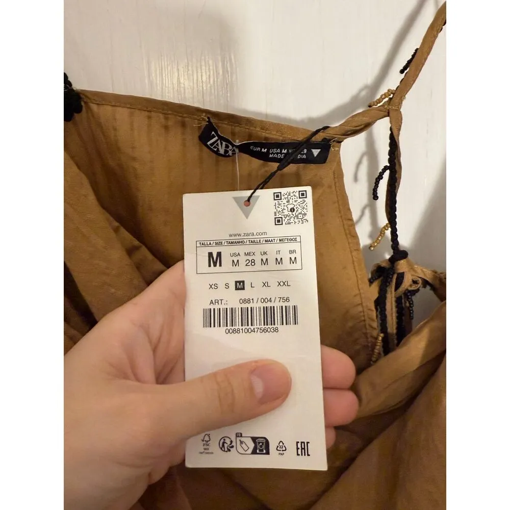 Zara Wrap Asymmetrical Beaded Top Side Tie Brown Black Size Medium - Image 10