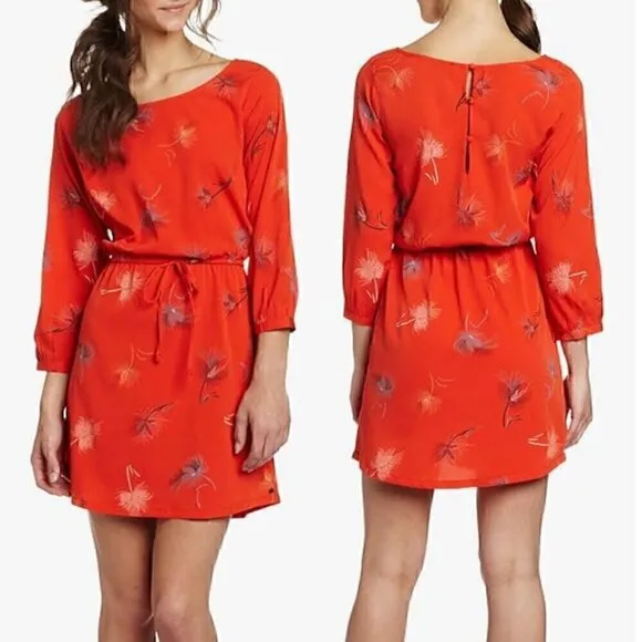 O'NEILL PACSUN Jules Shift Dress Red ish Floral 3/4 Sleeve Tie Waist Button Back - Image 2