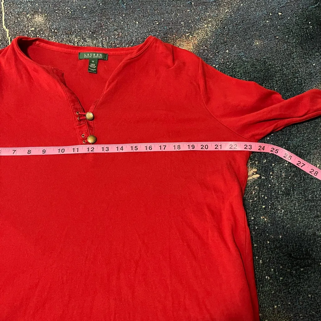 Lauren Ralph Lauren Red ¼ Button V‑Neck Blouse Women’s XL Classic Career Top Y2K - Image 12