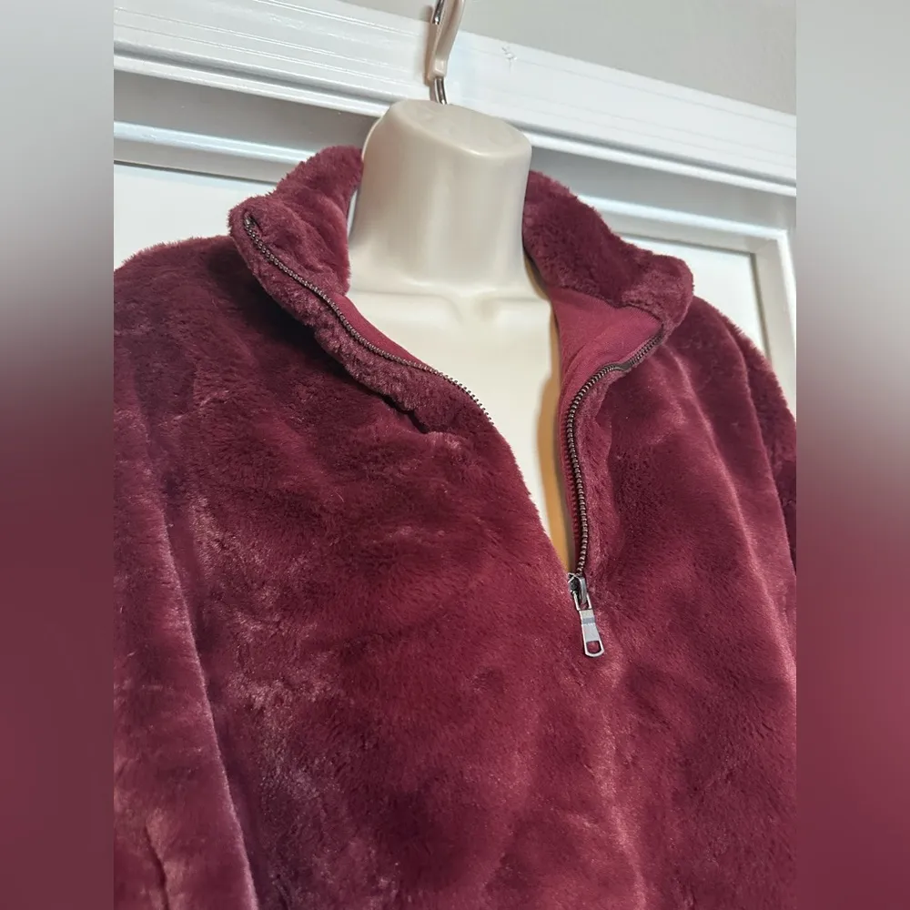 A New Day Burgundy Faux Fur Maroon SOFT Faux Fur Collared Pullover Sweater - Image 2