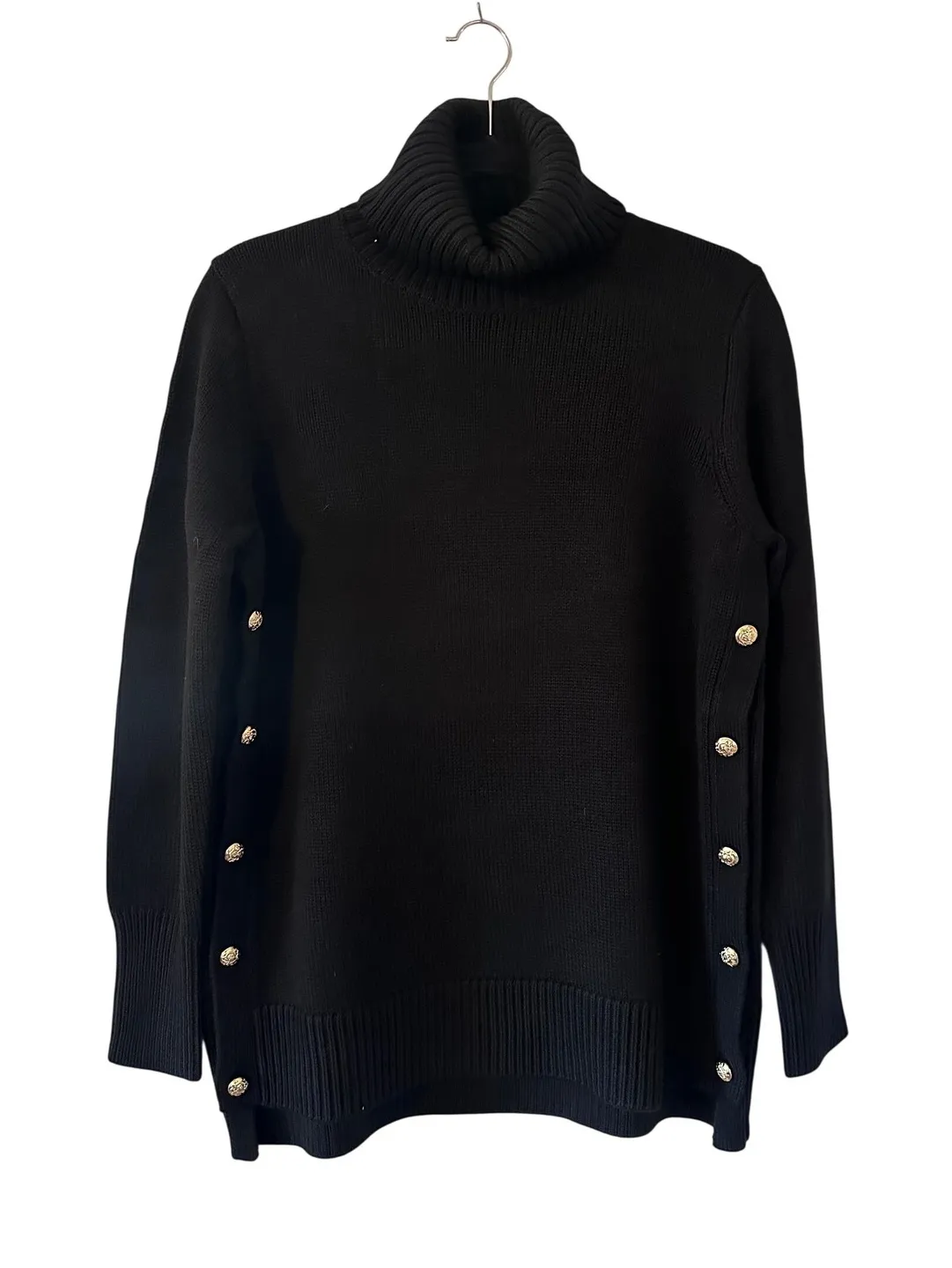 Tuckernuck Black Sophia Sweater Tunic SZ S Gold Button Turtleneck Wool Blend - Image 1
