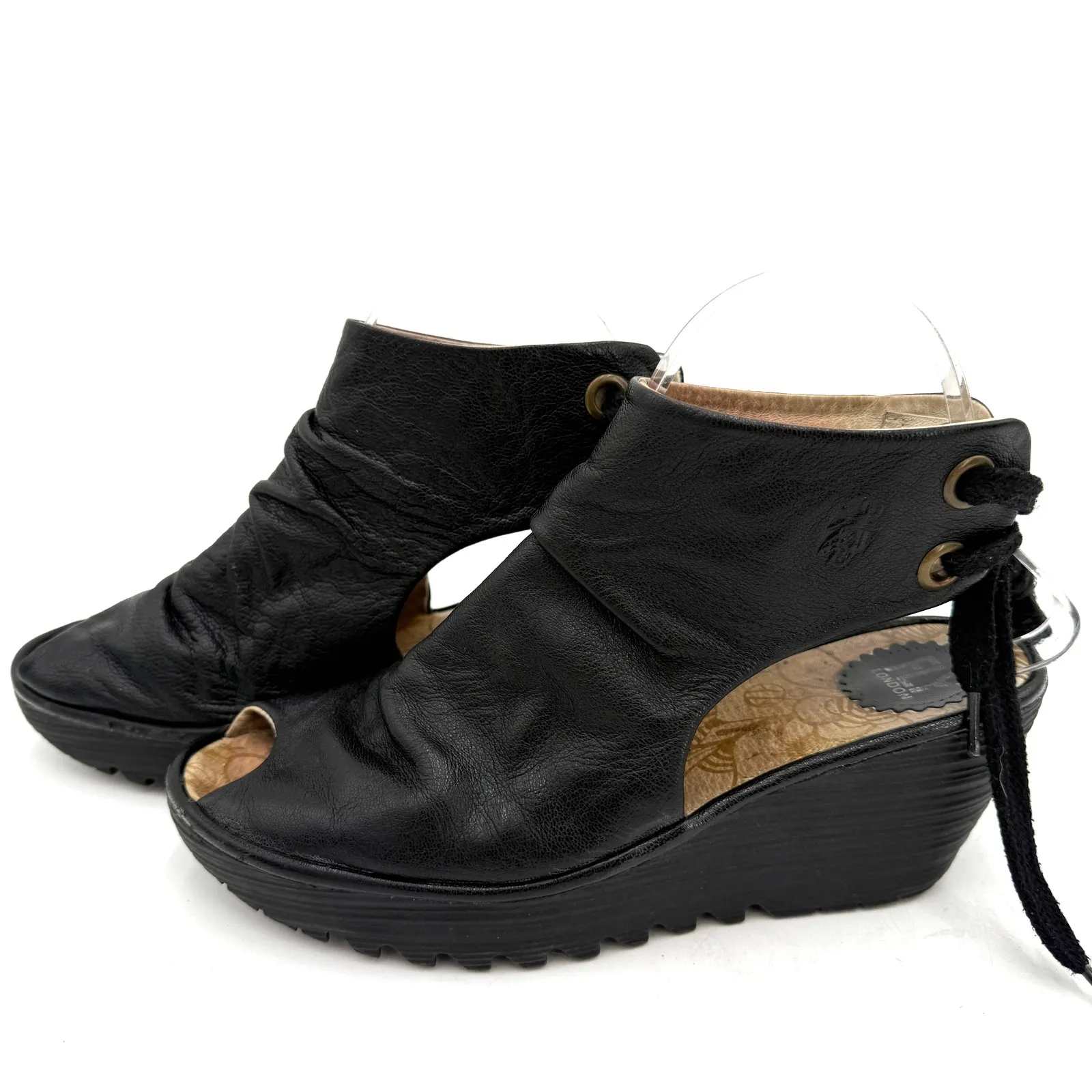 Fly London Black Leather Yema Peep Toe Wedge Heels Size 39 / 8.5-9 - Image 5