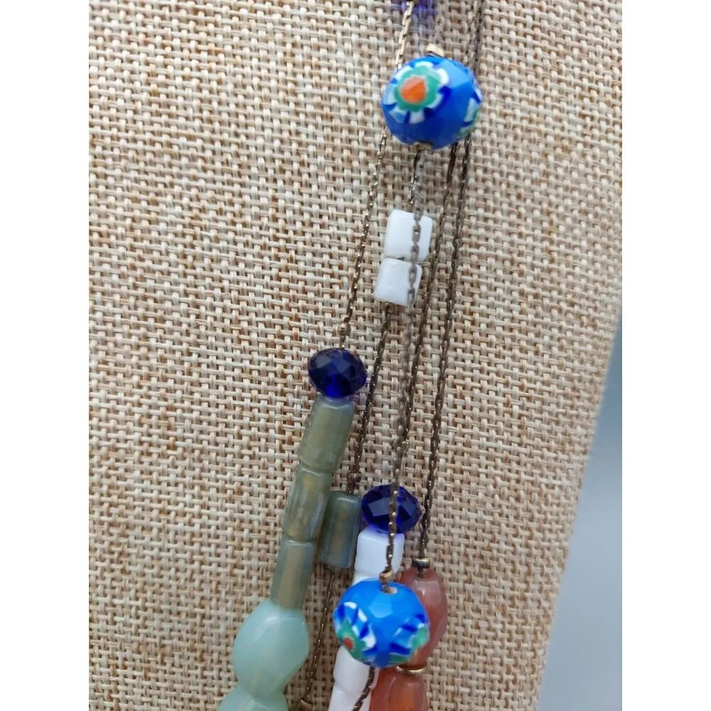 Long Multi Strand Glass Mixed Bead Necklace Dark Gold Tone Chains Colorful 28" - Image 5