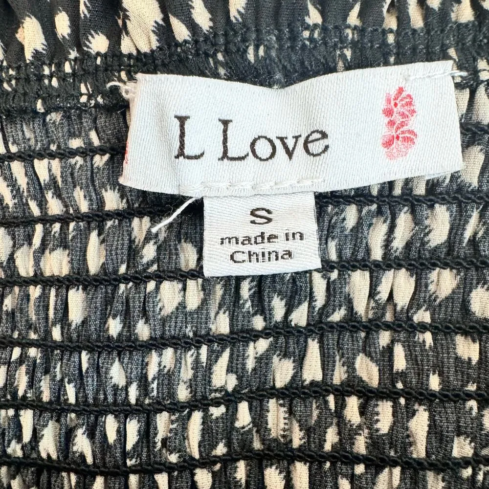 L Love High Waisted Ruffle Mini Skirt Smocked Waist Black Tan Spots Size Small - Image 5