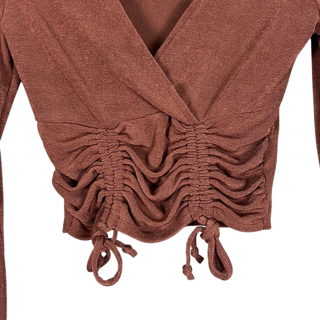 Almost Famous Crop Top Womens S Rust Brown Jersey Knit Ruched Fall Earthy Indie - Image 2