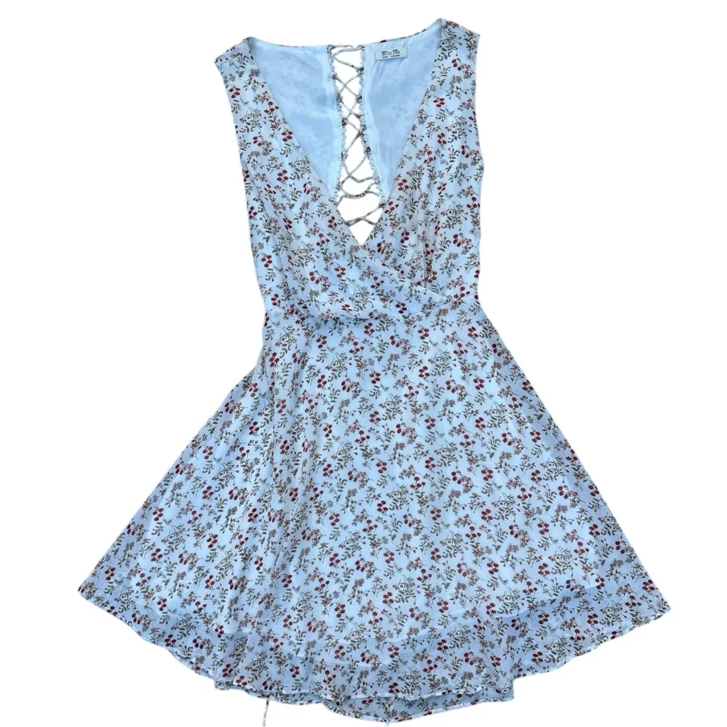 Miss Me Floral Lace-Up Back Skater Mini Dress Blue V-Neck Size M - Image 4