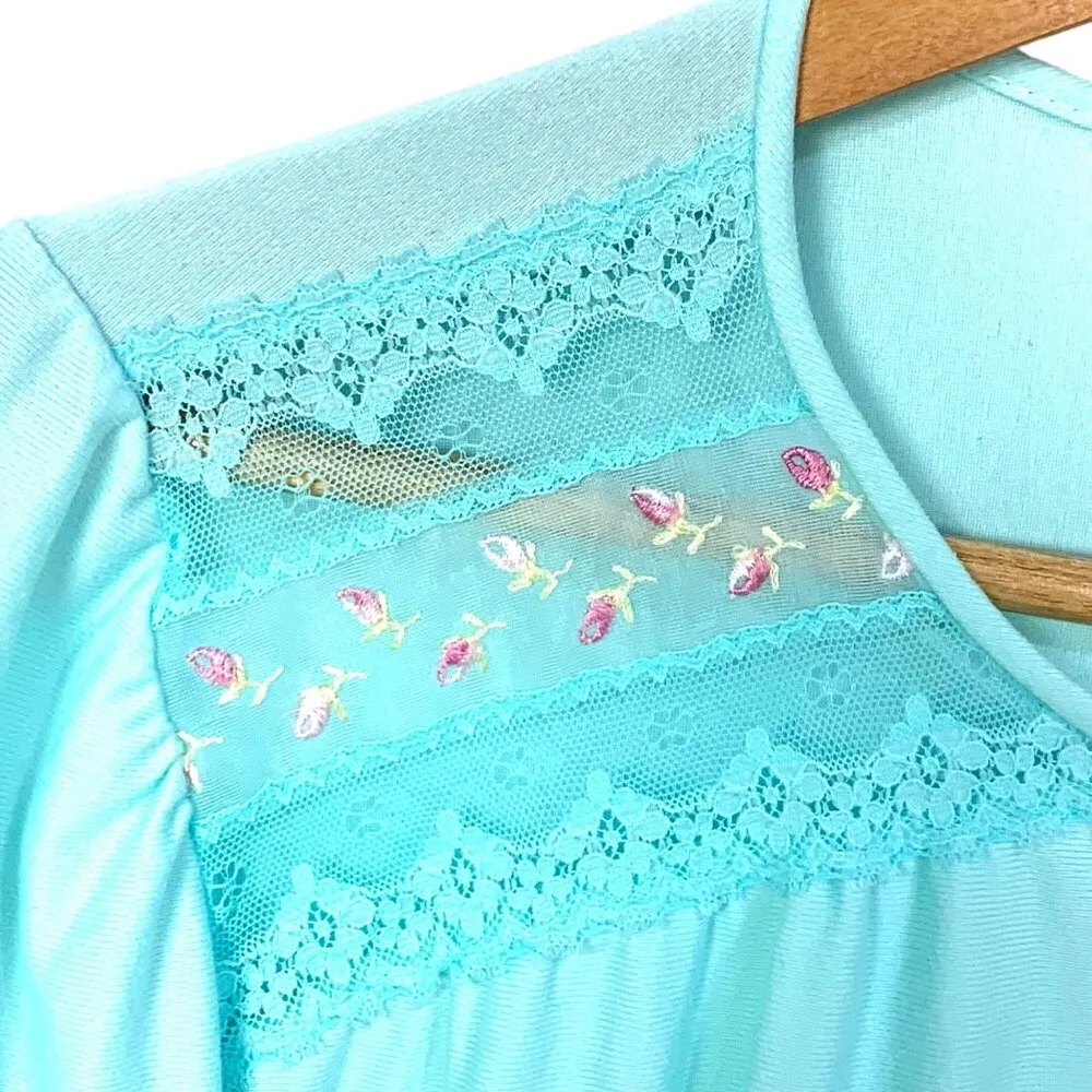Vintage Vanity Fair Mint Green Lingerie Pegnior Top Button Up L Lace Embroidered - Image 2