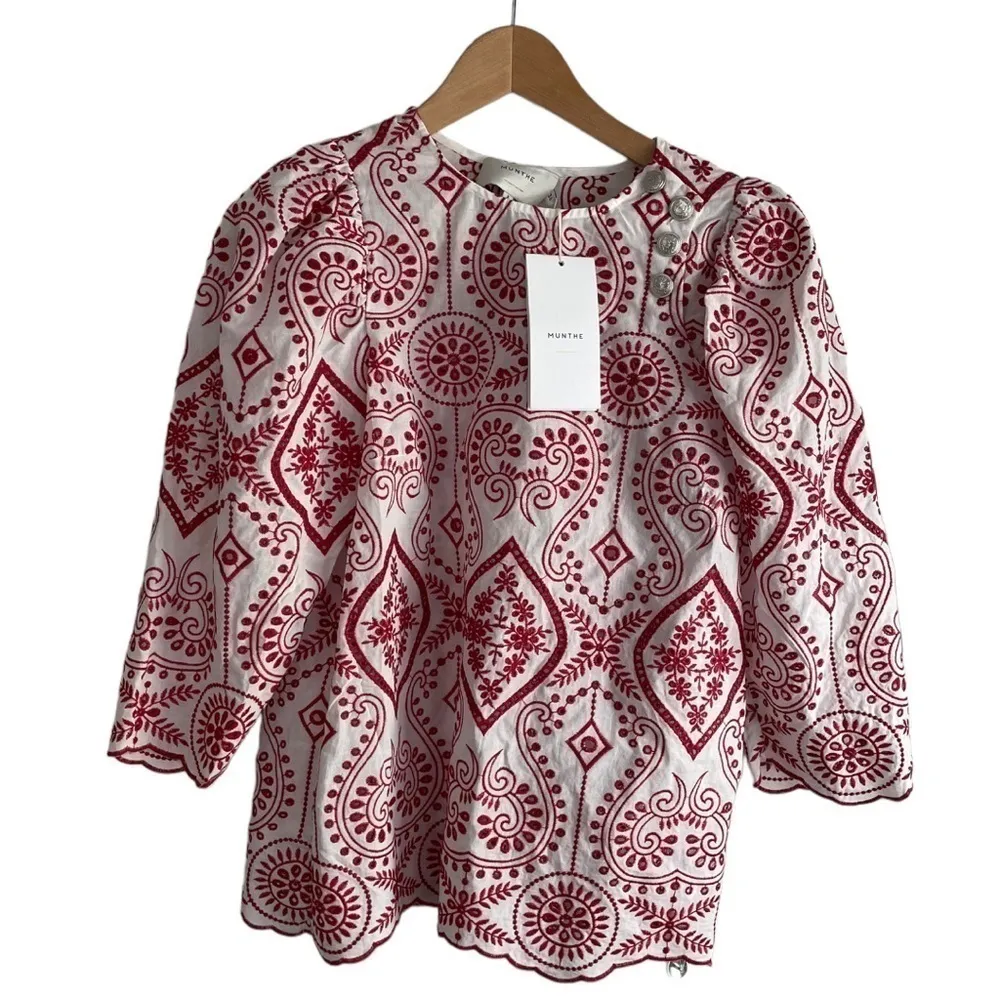 Munthe Nifty Embroidered Cotton Blouse Red‎ White 4 Red - Image 5