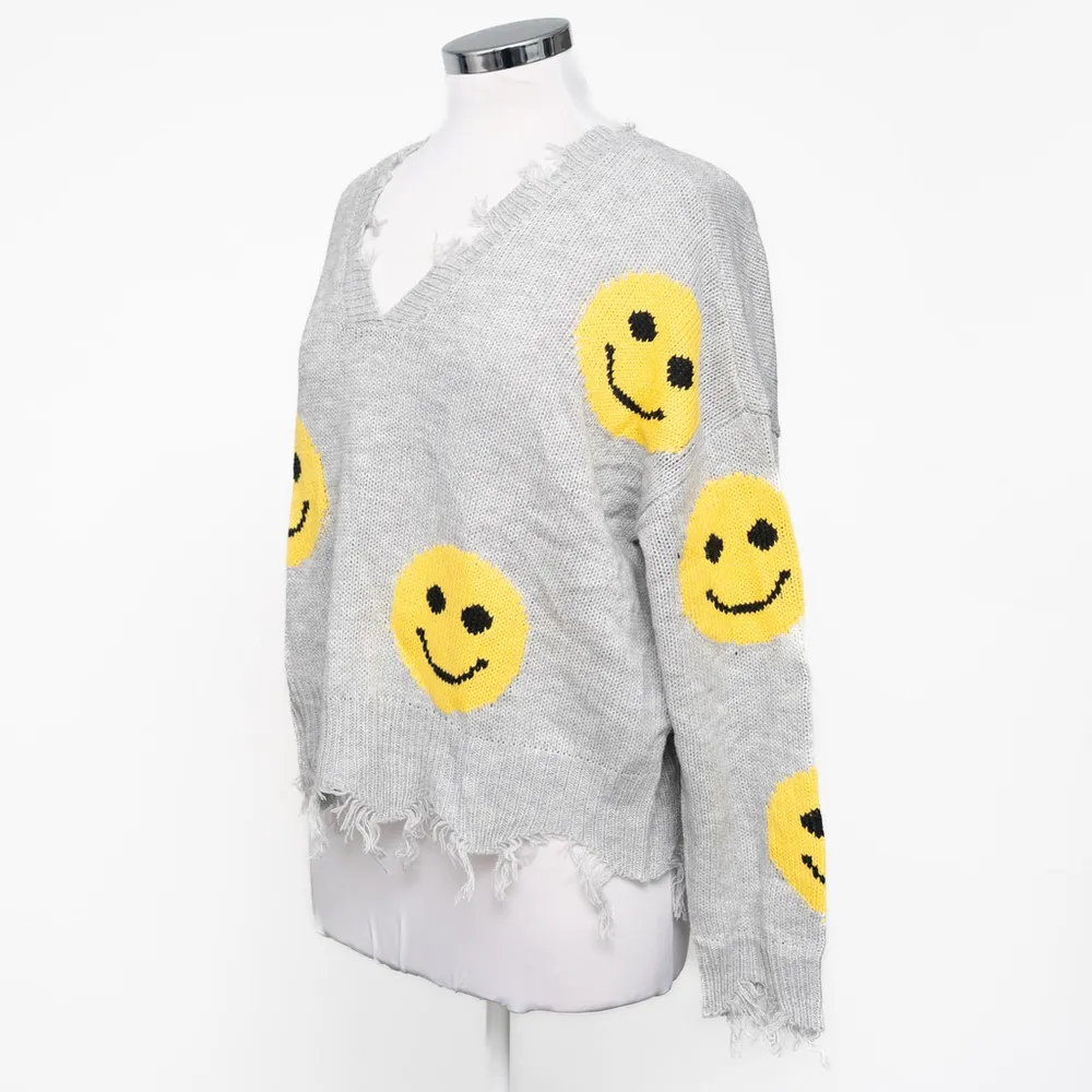 No Comment NY-LA Smiley Face Distressed Gray Knit Sweater - Image 6