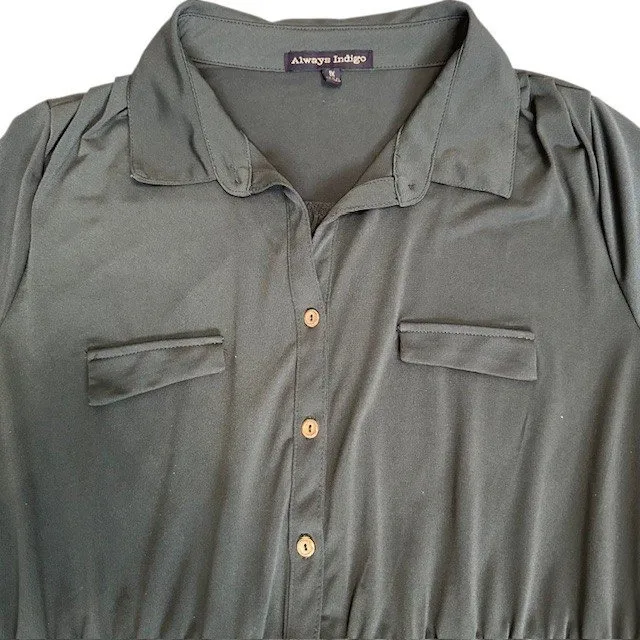 Always Indigo Shirt Dress Olive Green‎ Button Front Belted Long Sleeve Size 1X Green - Image 7