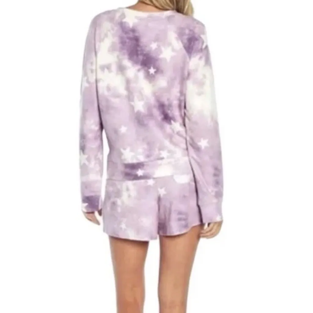 Wildfox Lounge Set Tie Dye Stars in Purple & White Sz S NWT Sweatshirt & Shorts - Image 3