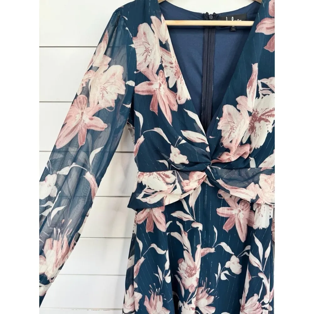 Lulus Mini Dress M Navy Floral Metallic Sheer Long Sleeve Twisted Front V-Neck - Image 5
