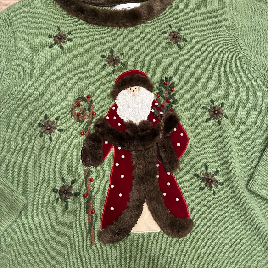 Vintage Mandal Bay Ramie Faux Fur Santa Christmas Novelty Sweater Size XL Green - Image 3