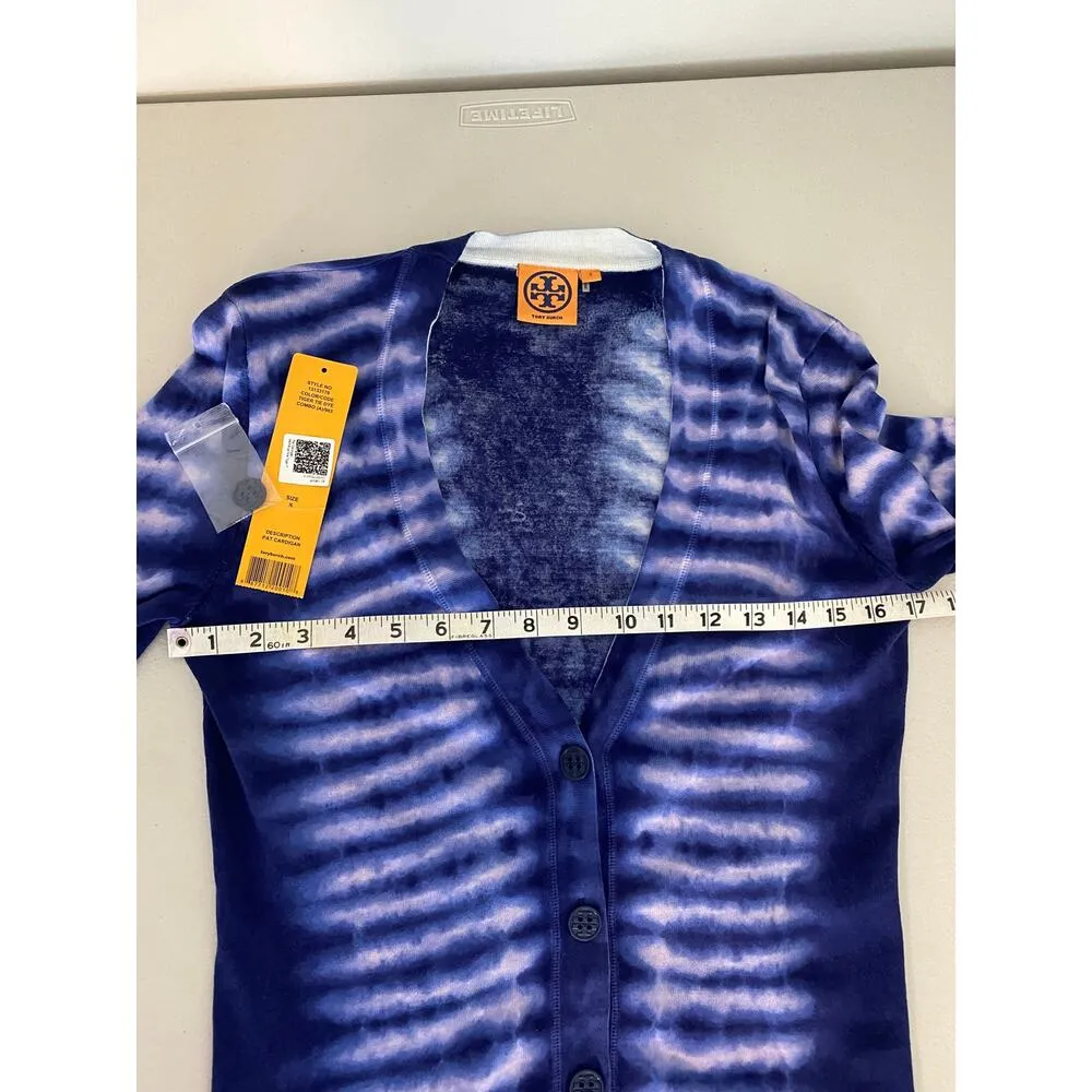 Tory Burch Blue Stripe Tiger Tie Dye Combo Pat Cardigan Small Preppy Coastal - Image 4