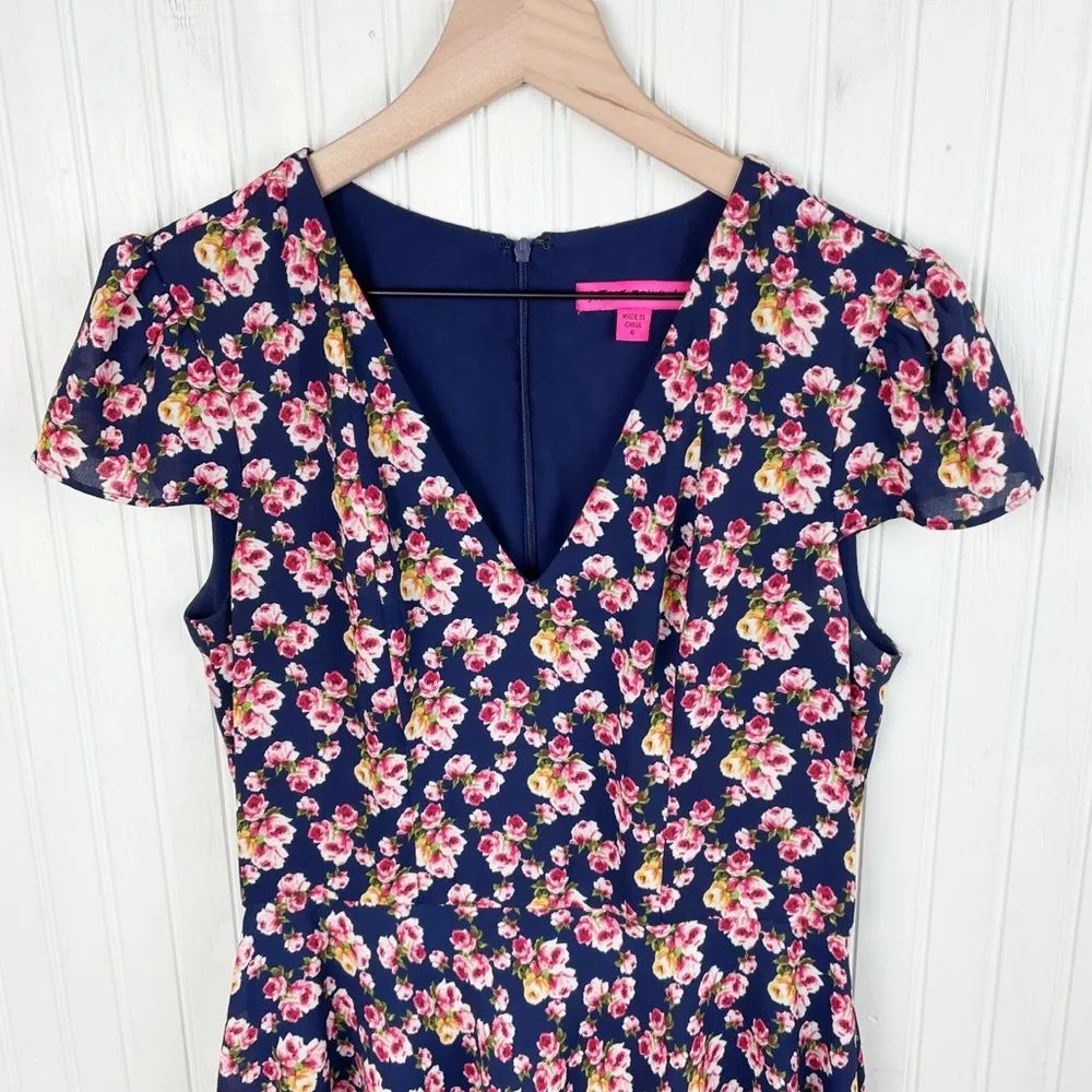 Betsey Johnson Navy Blue Floral Print Chiffon Fit and Flare Dress Women's Size 6 - Image 12