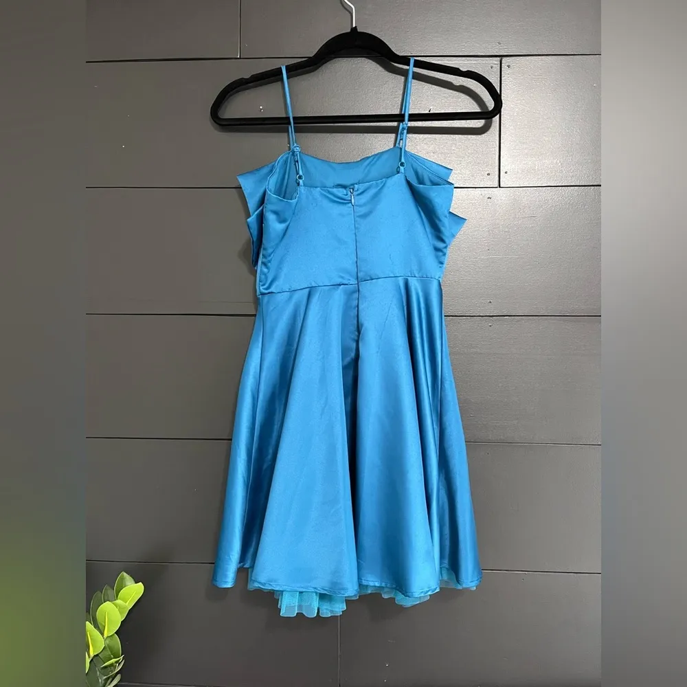 THIRTY THIRTY Blue Satin Sleeveless Mini Dress Bow Tuft Women’s Sz XS NWT - Image 3
