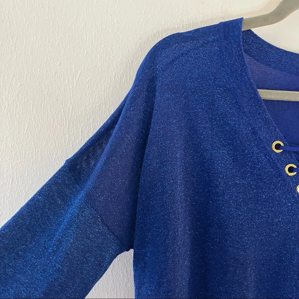 Sunny Leigh Top Cobalt Blue Glitter Sparkle 3/4 Sleeve Faux Lace Up Shirt M EUC - Image 5