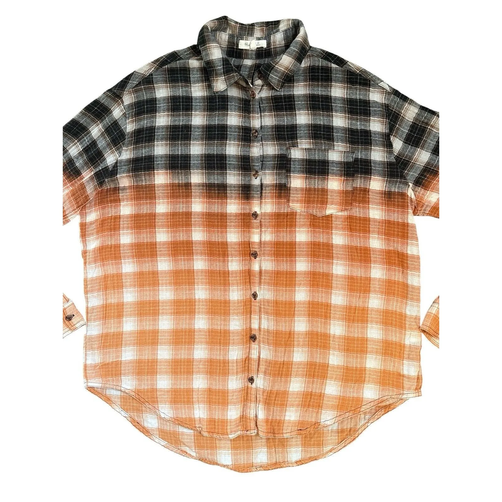 Honeybelle Women’s Black Orange Ombré Flannel Button Down Fall Size Medium - Image 2