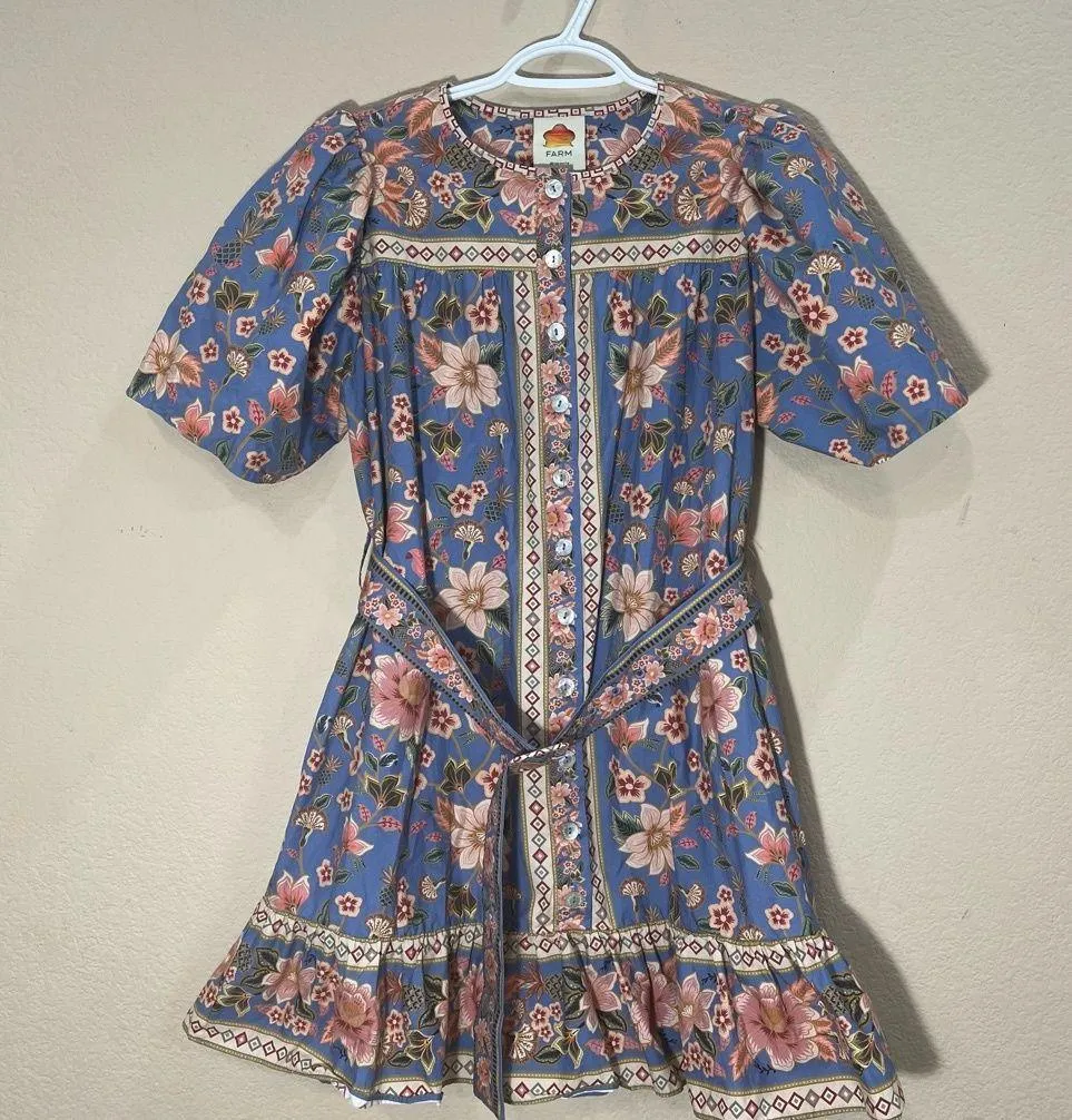 š$210 FARM RIO SZ MEDIUM BLUE SUPERBLOOM TAPESTRY ORGANIC COTTON MINI DRESS EUC - Image 1