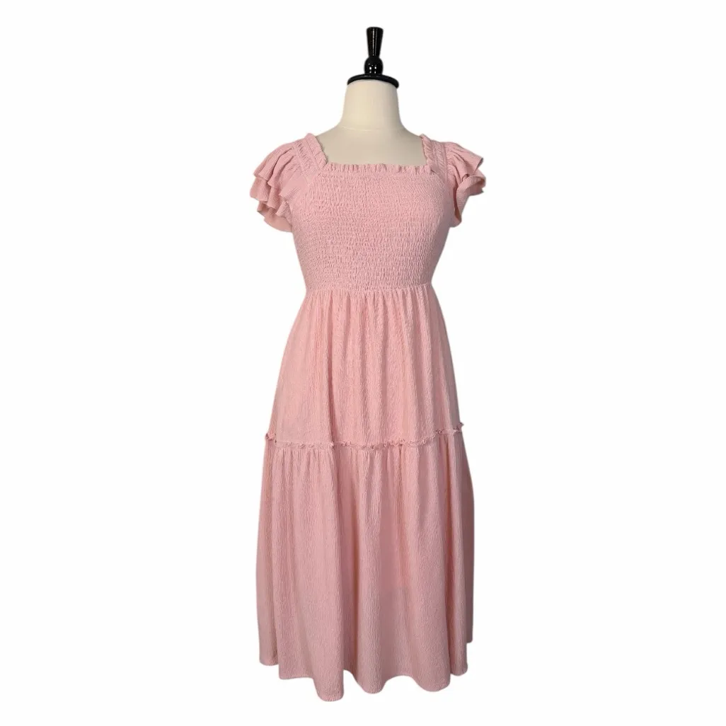 Baltic Born Smocked Flutter Sleeve Midi Pockets Dress Pink Women’s Size XL - Image 2