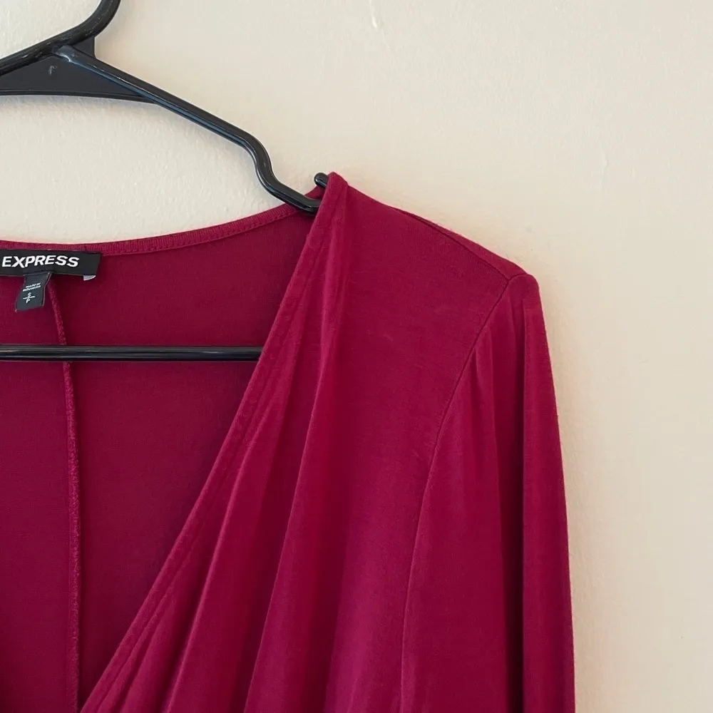 S- Ruby Red Express Wraparound Midi Semi-Formal V-Neck Dress - Image 2