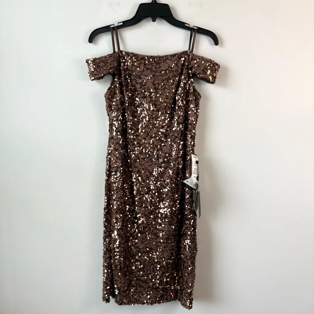 Adrianna Papell Sequins Lace Off The Shoulder Dress Copper 6 - Image 4