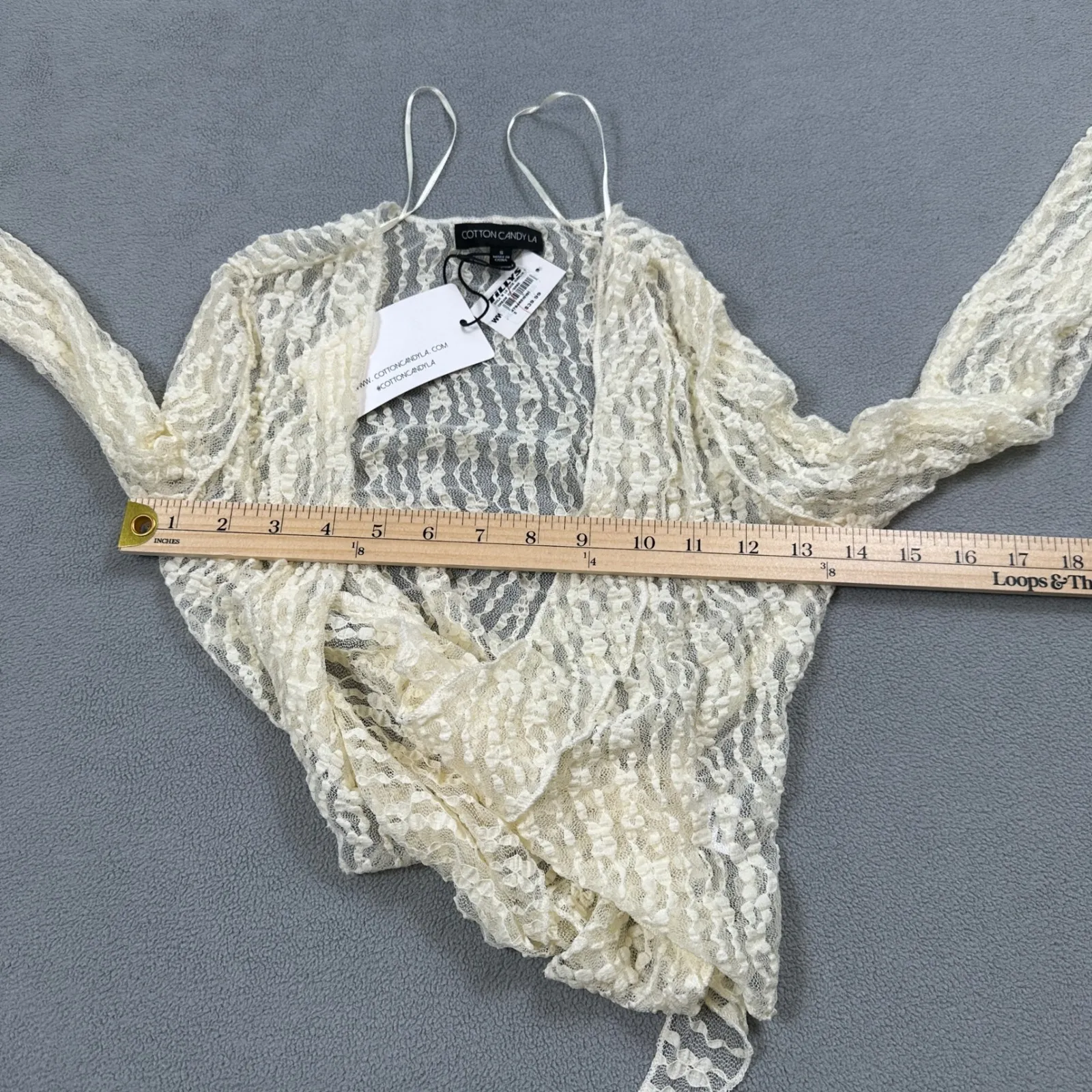 NWT Cotton Candy LA Lace Wrap Top S Womens Vanilla Sheer Tie Front Bell Sleeves - Image 5