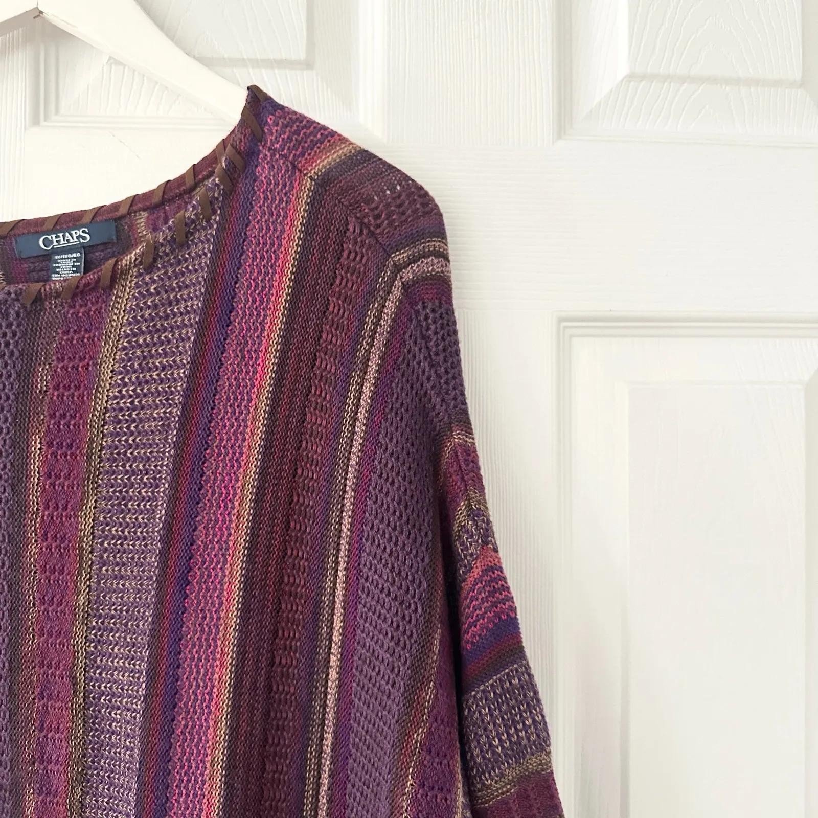 Chaps Vtg Native Boho Purple Stripe Faux Leather Stitch Neck Poncho Sweater 1X - Image 4