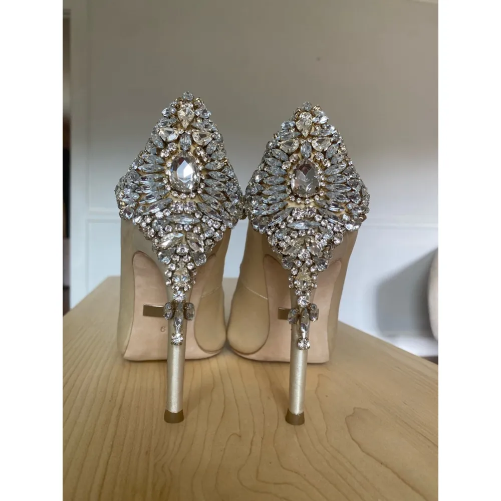 Badgley Mischka Crystal Jewel Heels Gold Satin Glam Bridal Bride Event Gala Sz 9 - Image 7