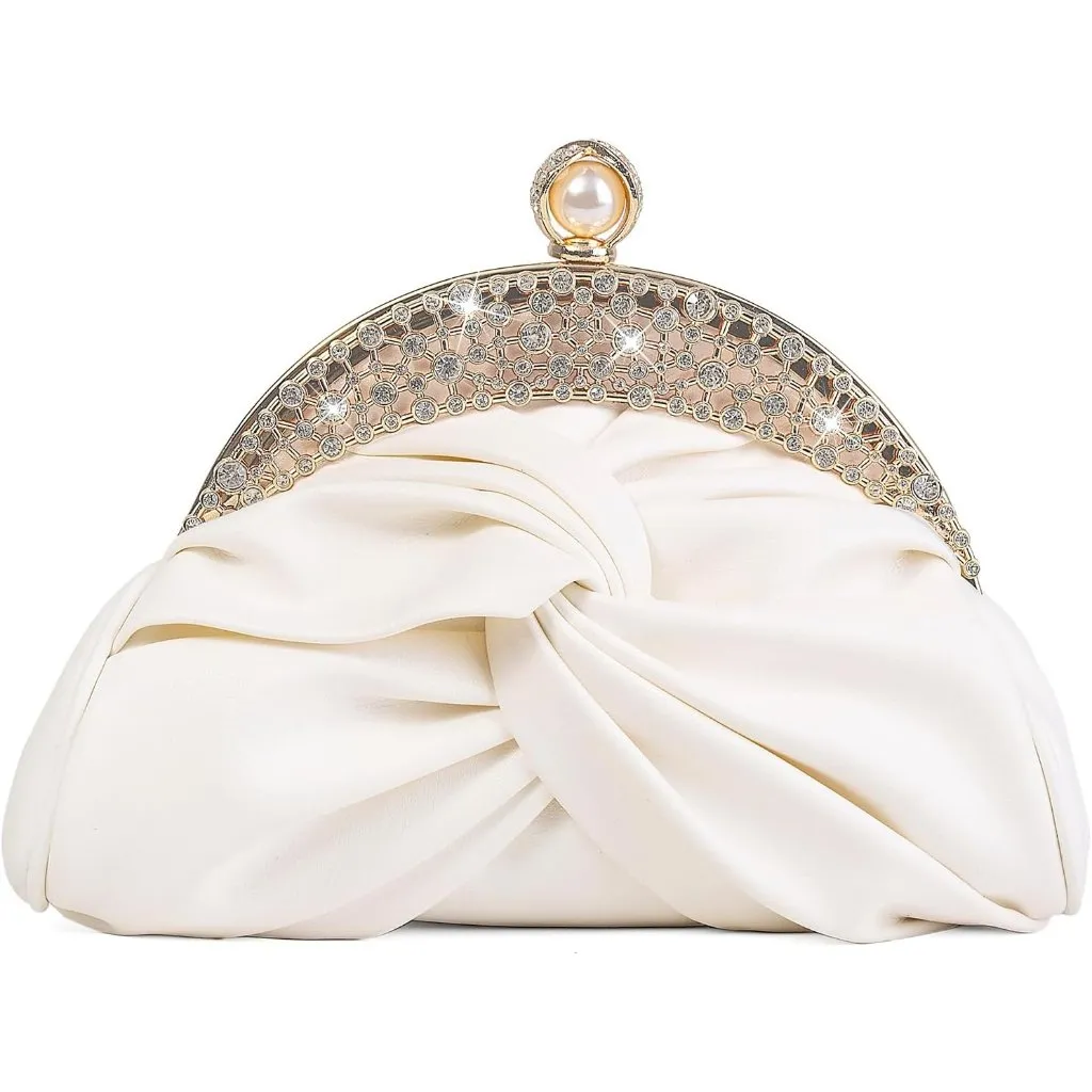 ⚡ Women's Cream Leather Dumpling Pearl Chain Evening Crossbody Clutch Bag - Image 3