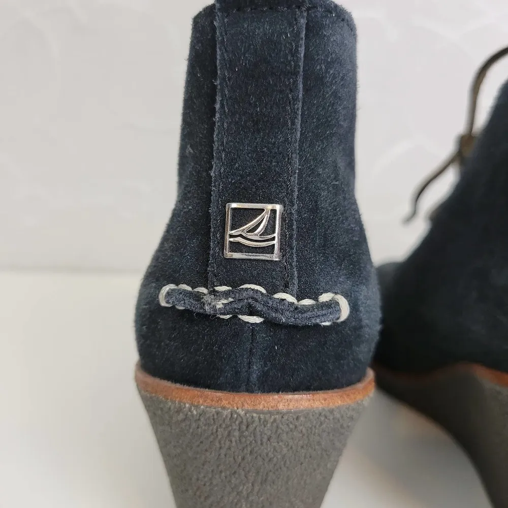 Sperry Womens Boots Size 6.5 Black Suede Round Toe Lace Up Wedge Heels - Image 3