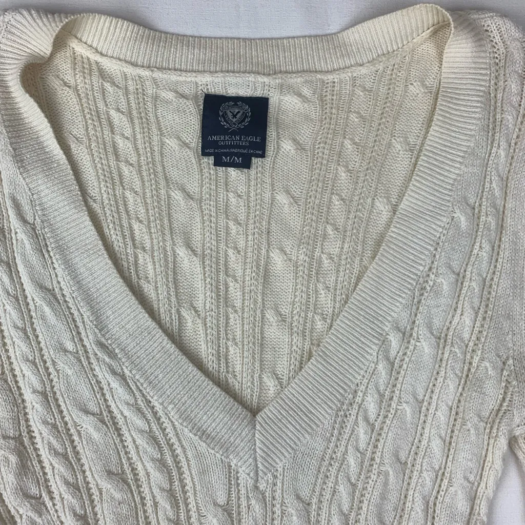 American Eagle Outfitters size medium y2k V-Neck Sweater long cream cable knit p - Image 5