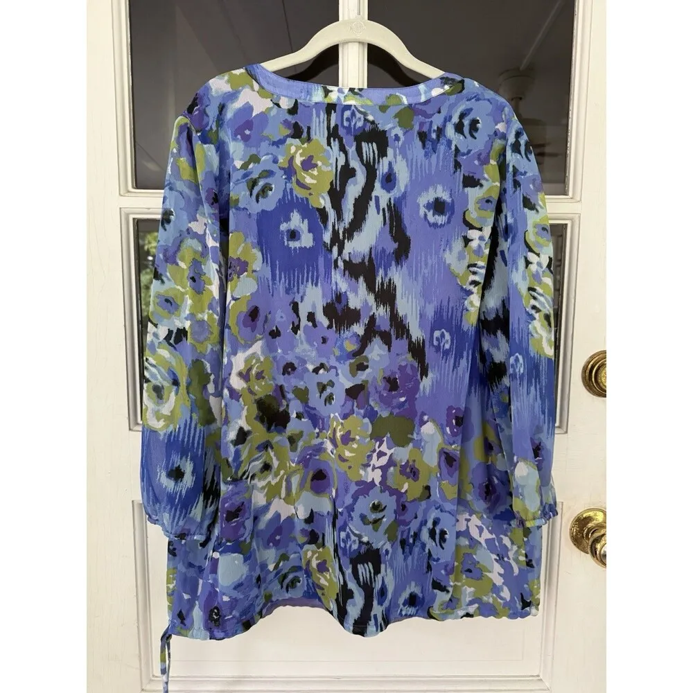 Liz Claiborne watercolor, floral blue tunic size large lined 3/4 sleeve Sz L - Image 6