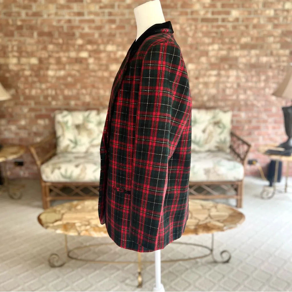 90s Sag Harbor Vintage Red Black Tartan Plaid Metallic Blazer 16P Preppy - Image 4