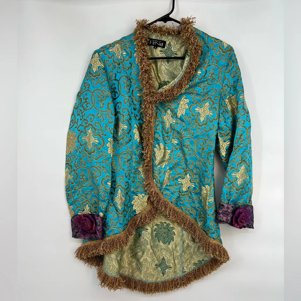 The Find Elegant Teal Gold Brocade Blazer smoking whimsical bows trim jacket Blue - Image 3