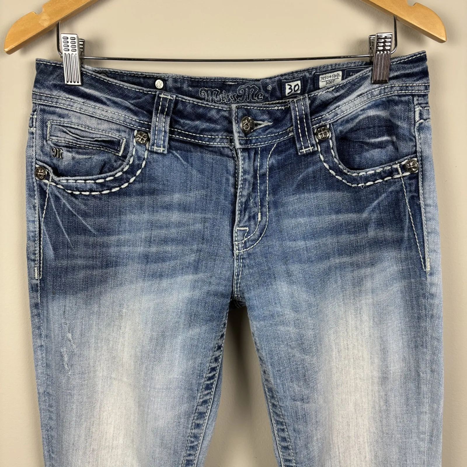 Miss Me Boot Jeans 30 Blue Denim Y2K Cross Bling Studded Pockets‎ Stretch Denim - Image 2