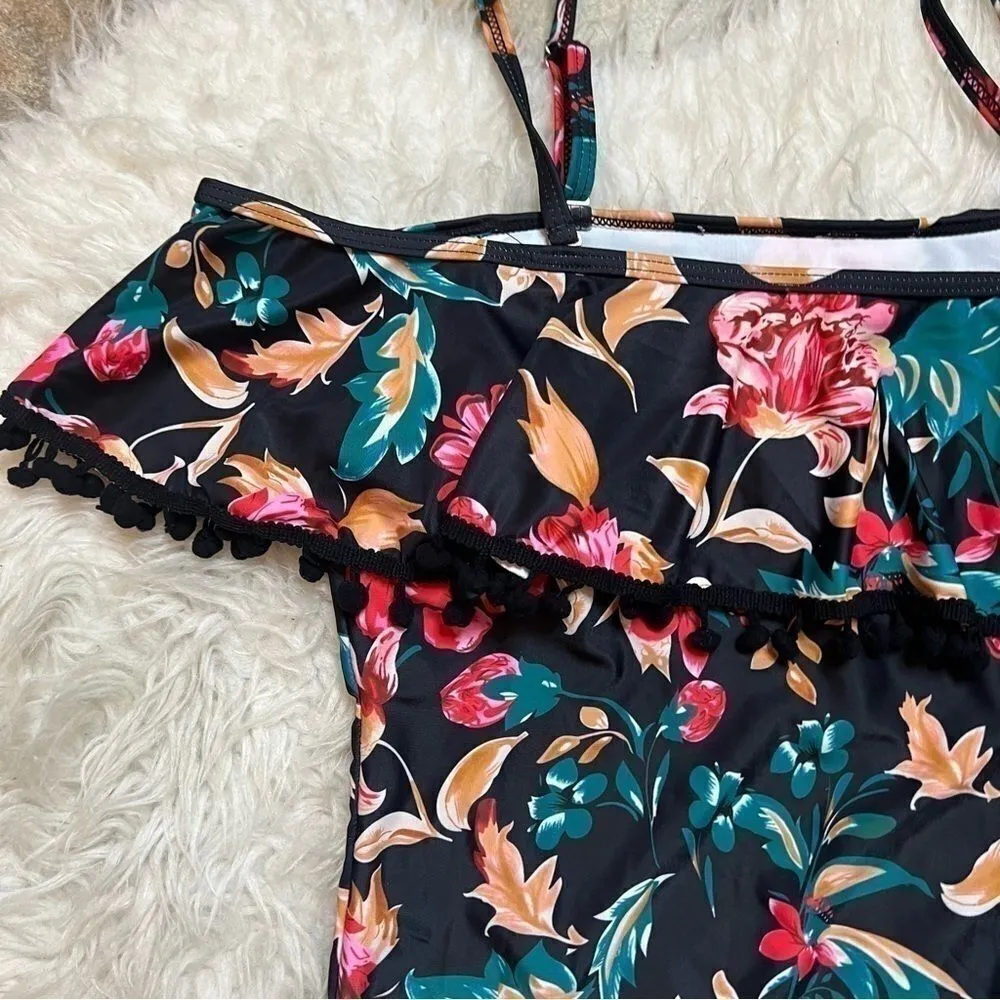 Women Off Shoulder Swimsuits High Waist Bathing Suits Ruffle L Pink Size L - Image 2