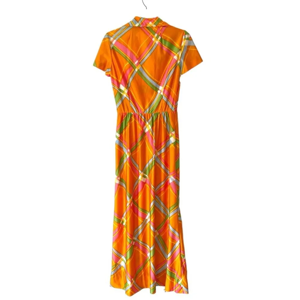 Tanner of North Caroline 60s 70s Retro Mod Maxi Dress Orange Green Button Down Size M - Image 5